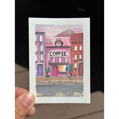 ACEO originals, coffee shop aceo art card thumbnail 1