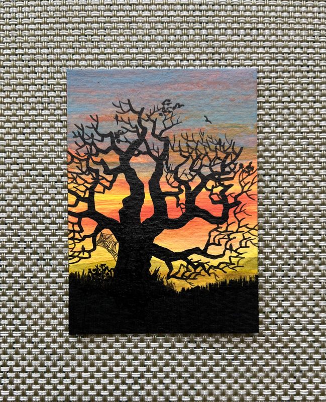 “Awestruck” Silhouette, Cobweb, Vibrant Sky aceo art card