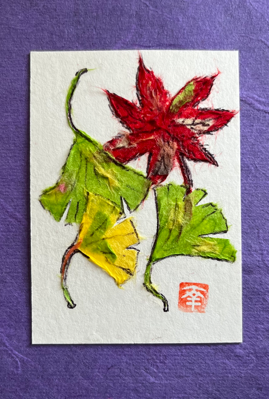 Japanese Washi art - Ginkgo&maple leves aceo art card