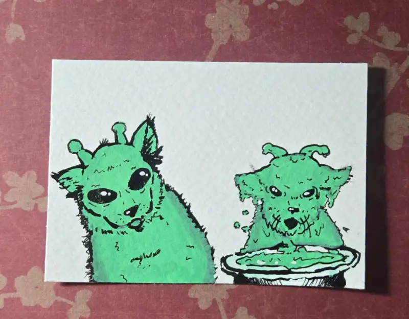 Green Alien Cats aceo art card