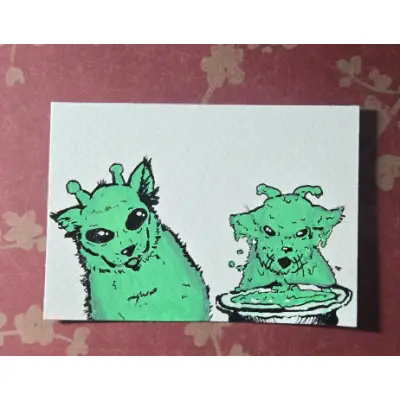 Green Alien Cats aceo art card thumbnail 1