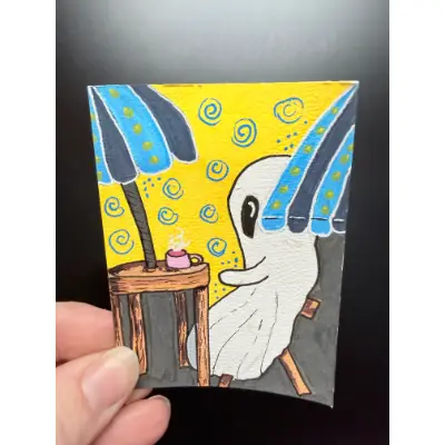 Ghost at the Cafe Whimsical aceo art card thumbnail 1