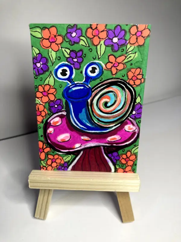 Fantasy Snail Sitting on Pink Mushroom Bright Flowers Acrylic and Ink Painting Lillian Connelly aceo art card