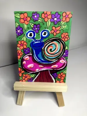 Fantasy Snail Sitting on Pink Mushroom Bright Flowers Acrylic and Ink Painting Lillian Connelly aceo art card thumbnail 1