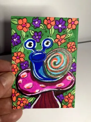 Fantasy Snail Sitting on Pink Mushroom Bright Flowers Acrylic and Ink Painting Lillian Connelly aceo art card thumbnail 2