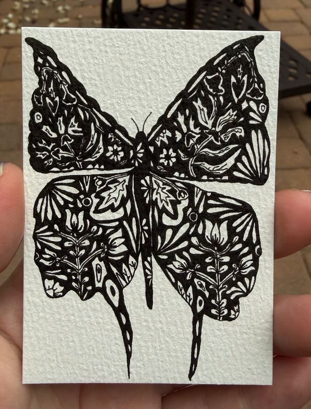 Ink Floral Moth aceo art card
