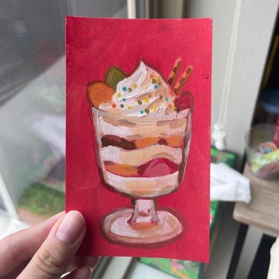Fruit Parfait on Red Background ACEO Painting aceo art card thumbnail 1