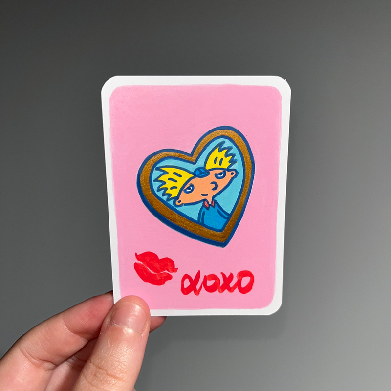 original aceo hey arnold helga's locket metallic gold love kiss xoxo pink cartoon nostalgic aceo art card