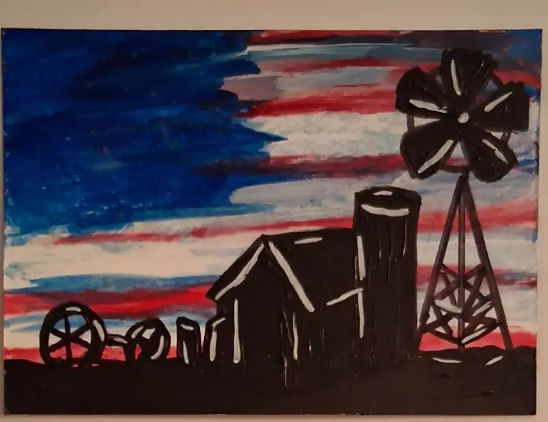 The American flag sky and the silhouette of a Country Farm aceo art card
