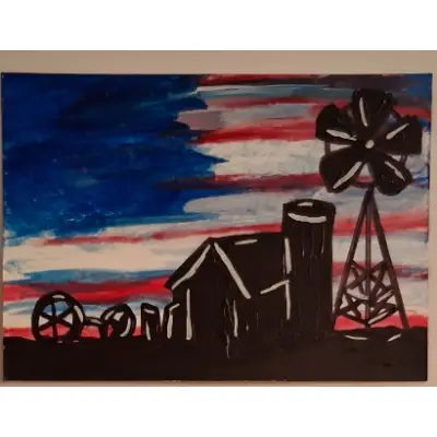 The American flag sky and the silhouette of a Country Farm aceo art card thumbnail 1