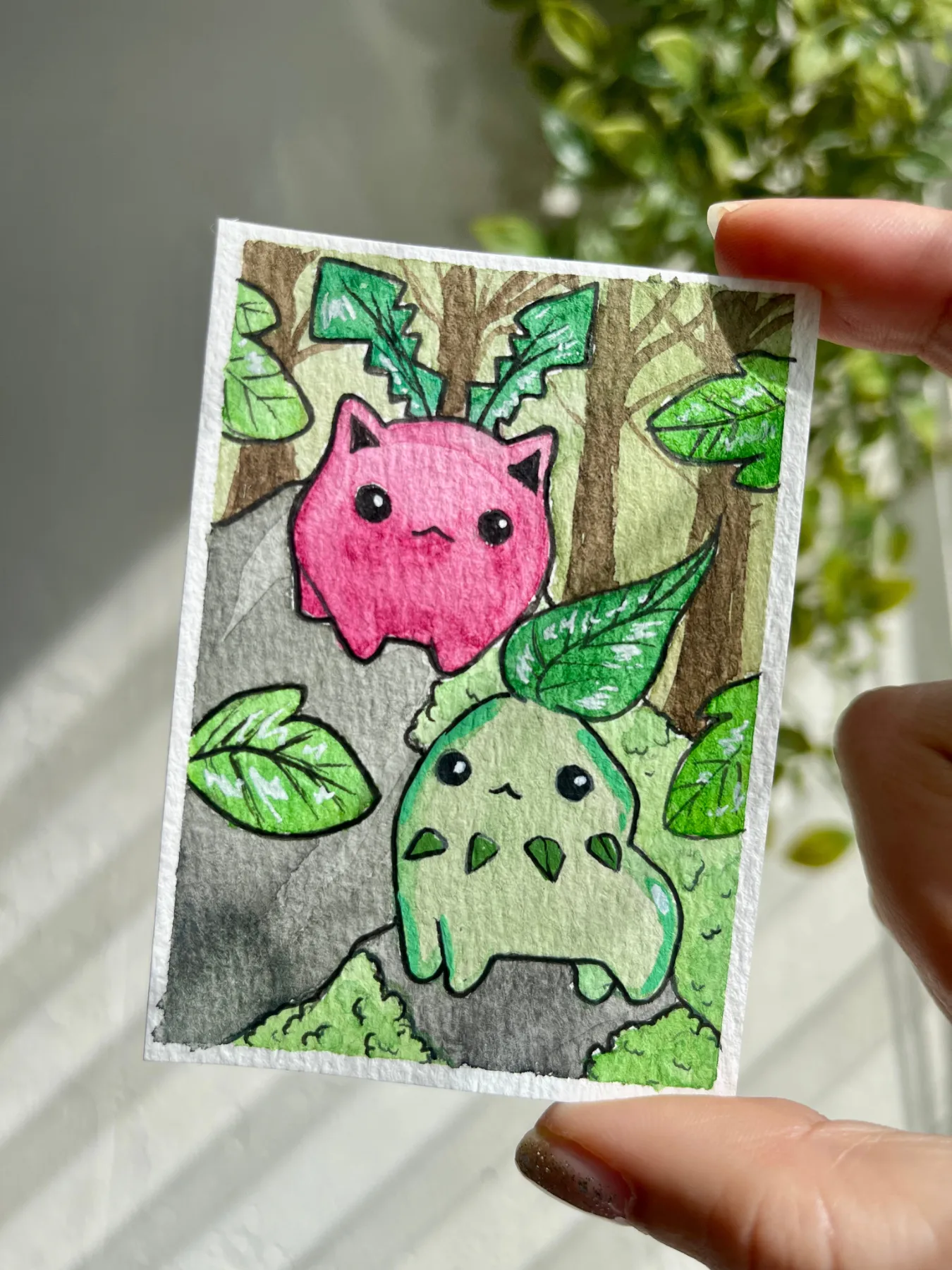 Hoppip and Chikorita Pokemon aceo art card