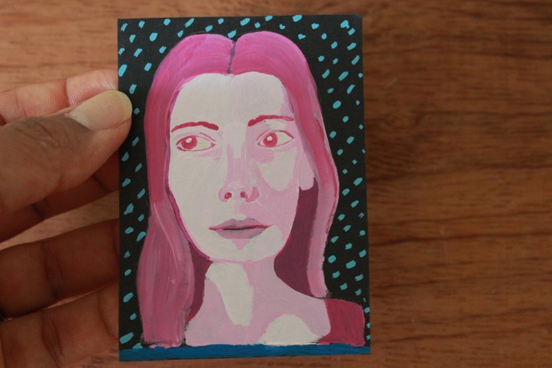 Female Portrait in Pink, Acrylic Painting aceo art card