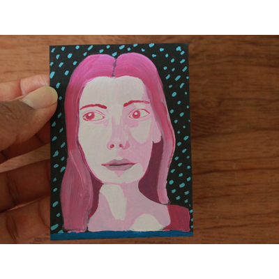 Female Portrait in Pink, Acrylic Painting aceo art card thumbnail 1