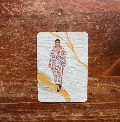 Original ACEO Artwork - Vintage Magazine Collage; Gold; Floral Dress; Model Runway; Fashion; OOAK aceo art card thumbnail 2