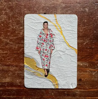 Original ACEO Artwork - Vintage Magazine Collage; Gold; Floral Dress; Model Runway; Fashion; OOAK aceo art card thumbnail 1