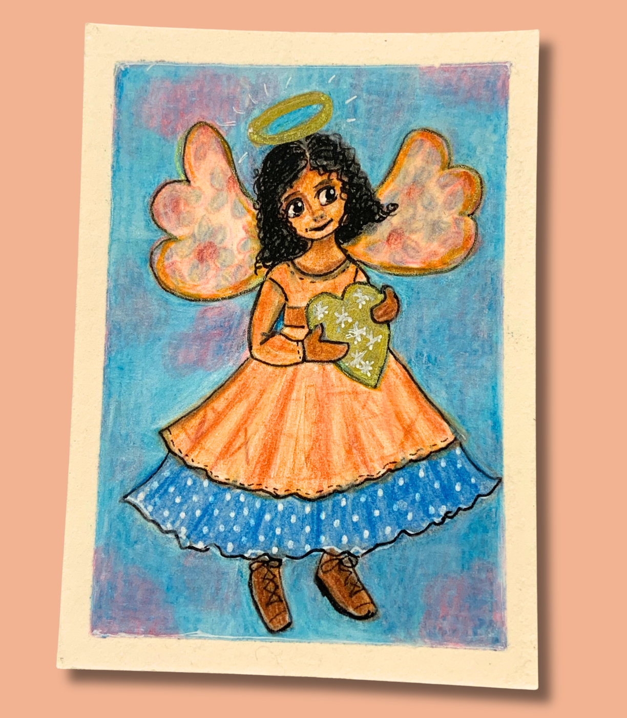 Folk Angel with Heart ACEO - Colored Pencil & Ink Drawing aceo art card