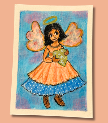 Folk Angel with Heart ACEO - Colored Pencil & Ink Drawing aceo art card thumbnail 1