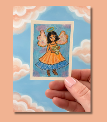 Folk Angel with Heart ACEO - Colored Pencil & Ink Drawing aceo art card thumbnail 2