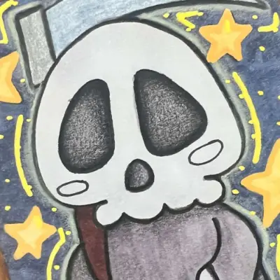 Grim but Posing - Alcohol Markers, Colored Pencils and Acrylic Drawing by Pamela K Studio aceo art card thumbnail 2