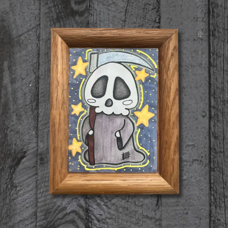 Grim but Posing - Alcohol Markers, Colored Pencils and Acrylic Drawing by Pamela K Studio aceo art card
