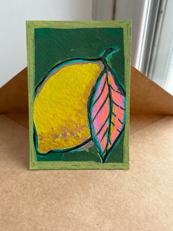 Lemon with Pink Leaf aceo art card