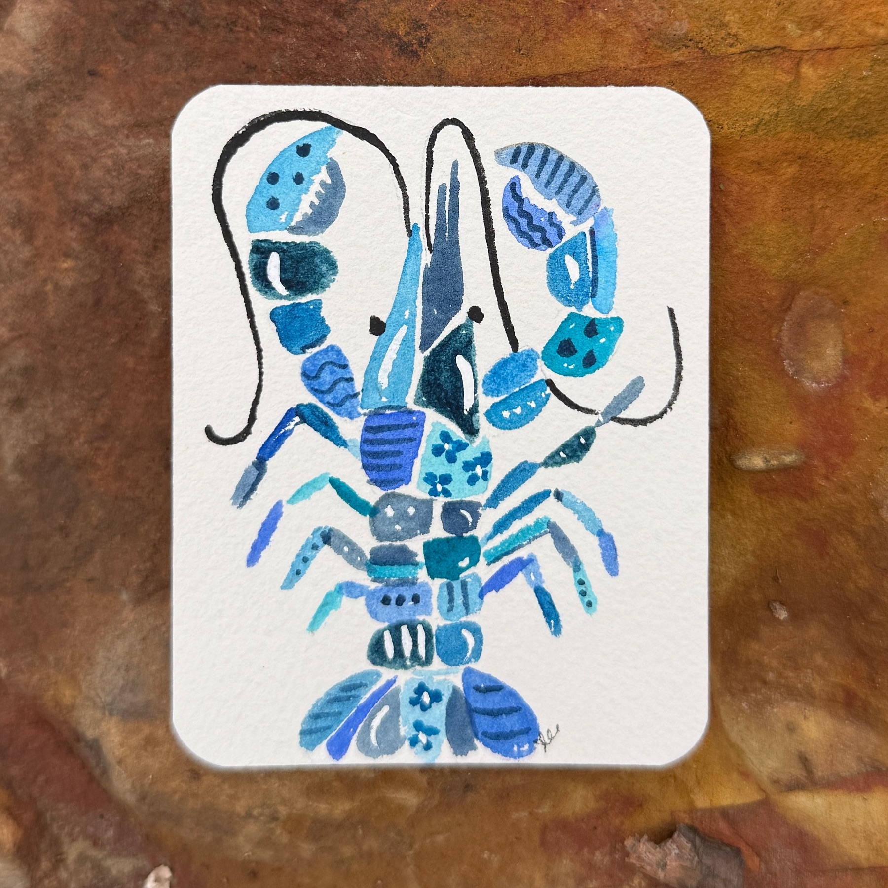 Crawfish Patchwork Blue Pattern aceo art card