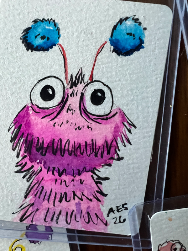 Pink and Fuzzy Monster aceo art card