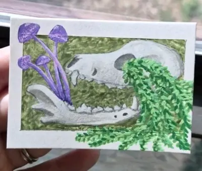 Return to Nature Dog Canine Skull with Mushrooms and Plants ACEO Acrylic Paint Markers M_Neff_Art aceo art card thumbnail 2