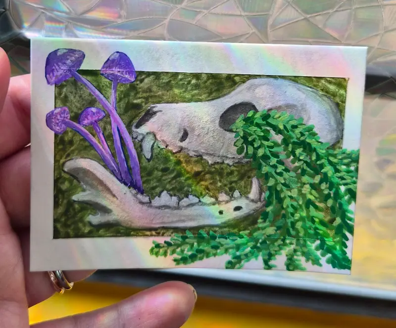 Return to Nature Dog Canine Skull with Mushrooms and Plants ACEO Acrylic Paint Markers M_Neff_Art aceo art card