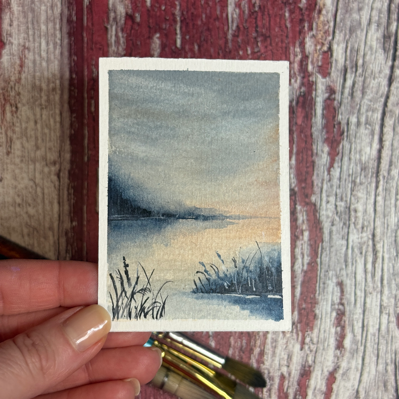 ACEO Watercolor, Landscape, Original, Marsh, “Slate and Peach”, 3.5x2.5in, By Lark Watercolor aceo art card
