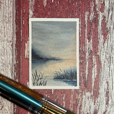 ACEO Watercolor, Landscape, Original, Marsh, “Slate and Peach”, 3.5x2.5in, By Lark Watercolor aceo art card thumbnail 3