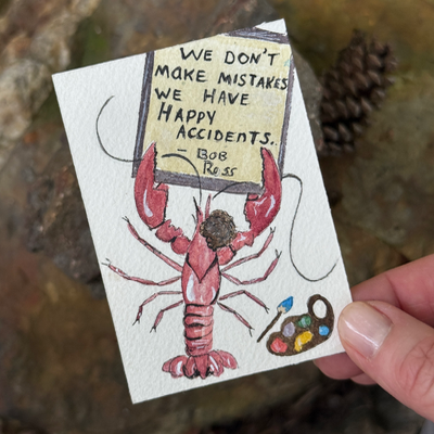ACEO original, Crawfish, seafood, Bob Ross, Painter, watercolor, By Lark Watercolor and Art aceo art card thumbnail 2