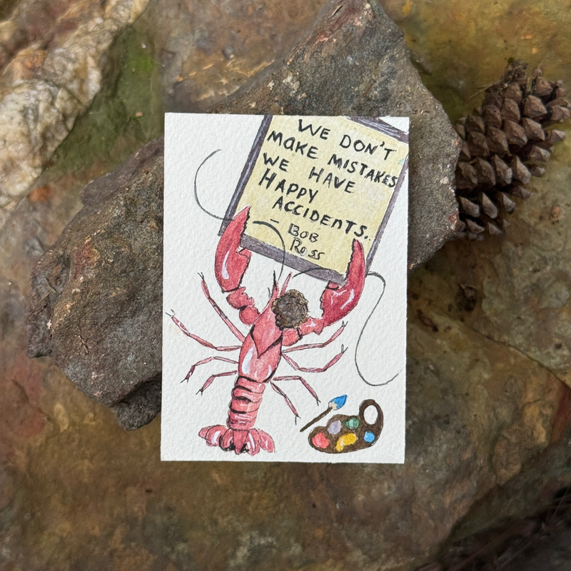 ACEO original, Crawfish, seafood, Bob Ross, Painter, watercolor, By Lark Watercolor and Art aceo art card