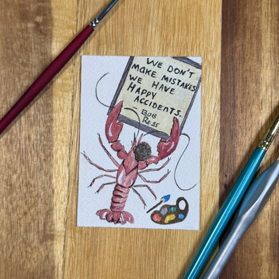ACEO original, Crawfish, seafood, Bob Ross, Painter, watercolor, By Lark Watercolor and Art aceo art card thumbnail 3