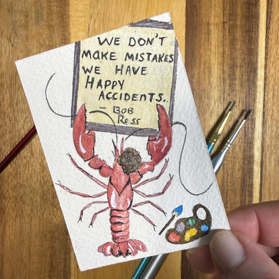 ACEO original, Crawfish, seafood, Bob Ross, Painter, watercolor, By Lark Watercolor and Art aceo art card thumbnail 4