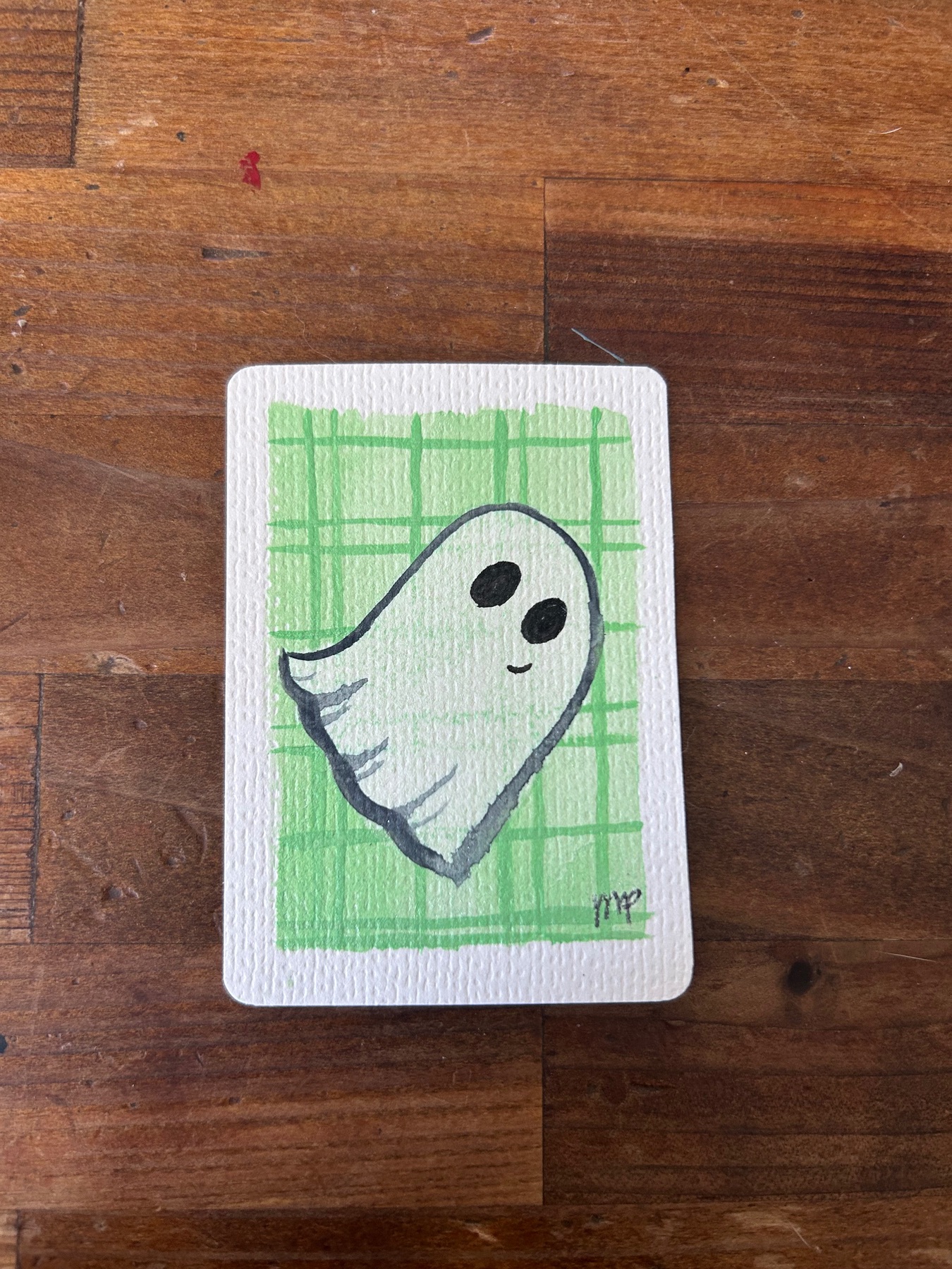 Happy green ghost aceo art card