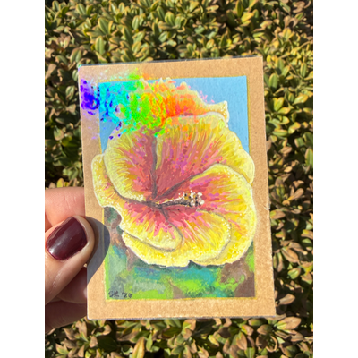 Pink & Yellow Hibiscus Holographic aceo art card thumbnail 2
