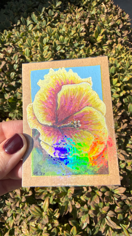 Pink & Yellow Hibiscus Holographic aceo art card