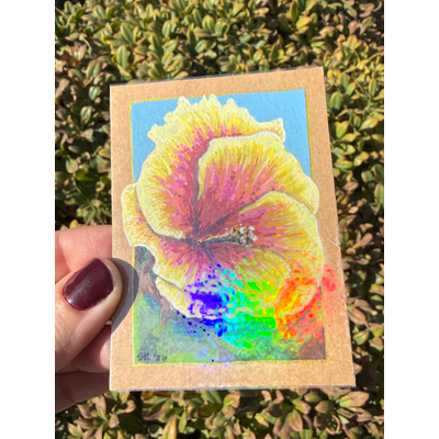 Pink & Yellow Hibiscus Holographic aceo art card thumbnail 1