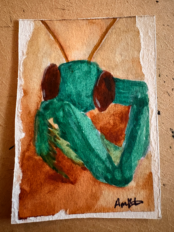Mantis Aceo original gauche on paper by Apryl 2/8 2.5”x3.5” aceo art card