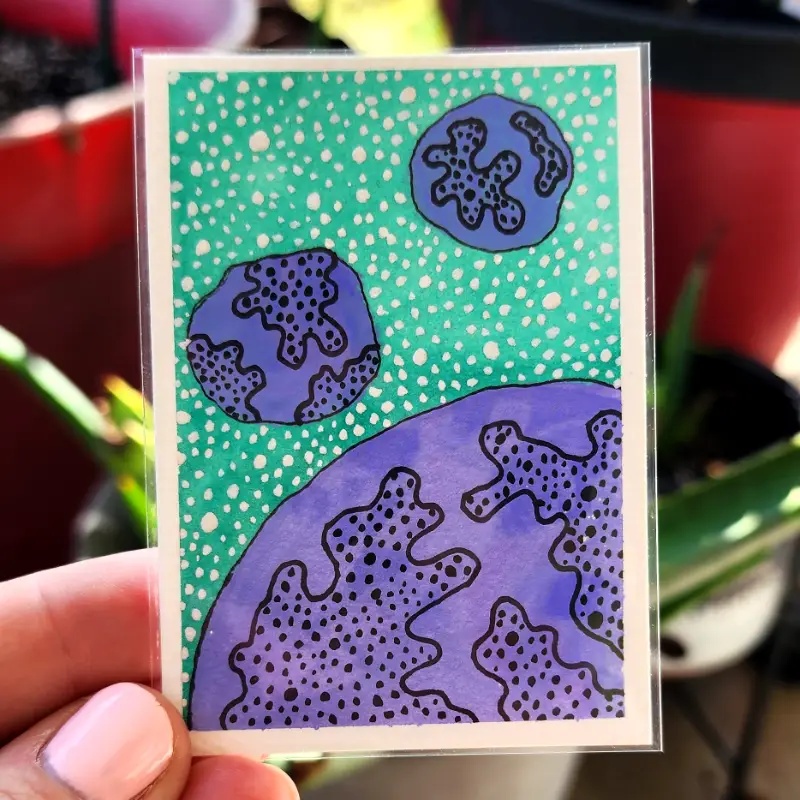 Purple Teal Planetscape aceo art card
