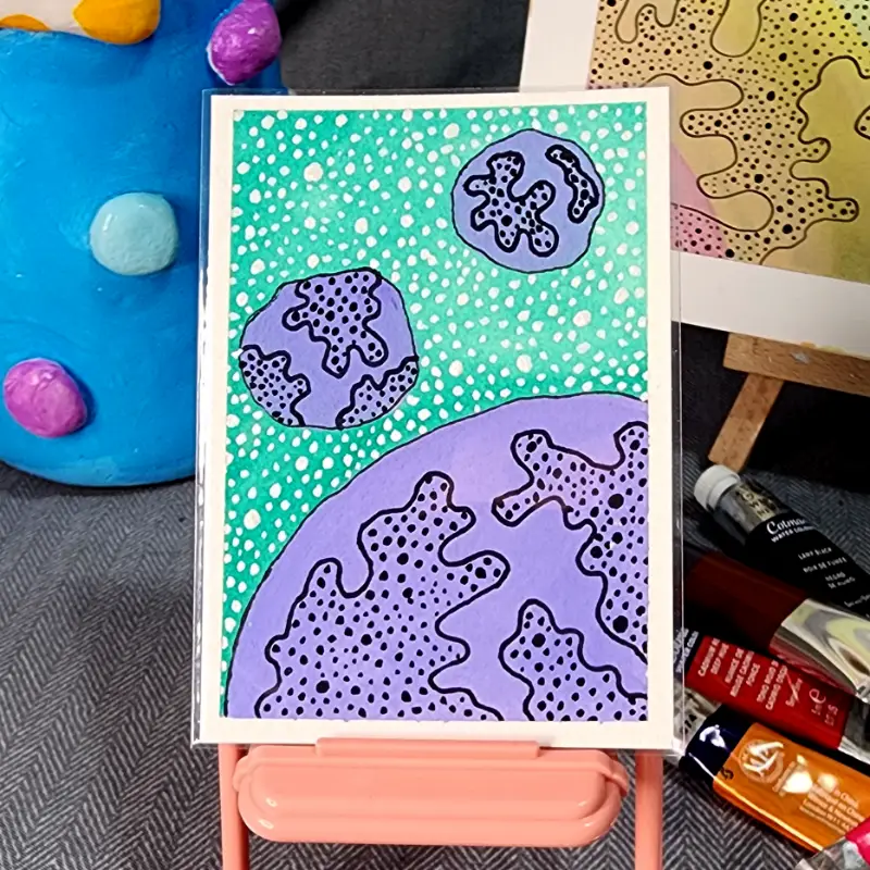 Purple Teal Planetscape aceo art card
