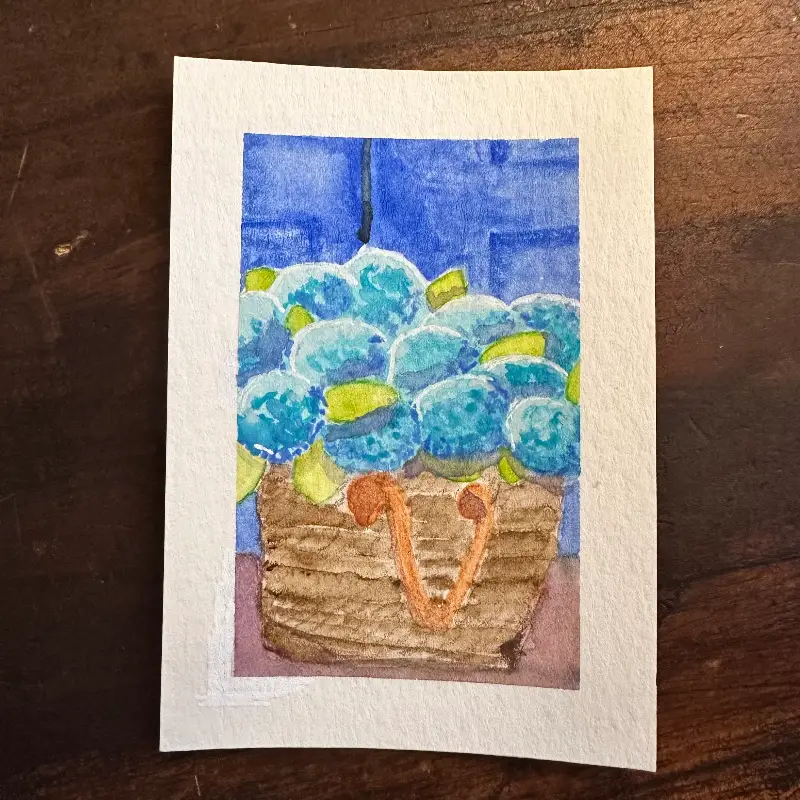 Watercolor original painting of blue hyndrageas on a porch aceo art card