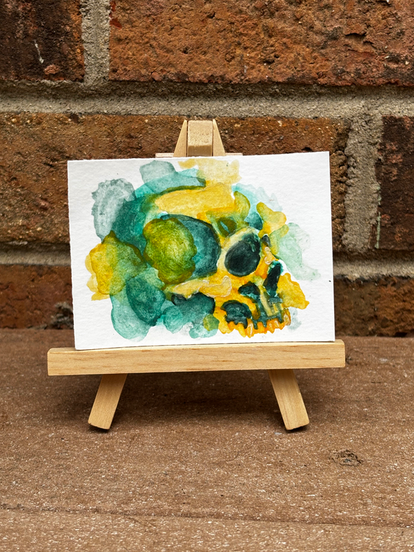 Yellow and Green abstract skull watercolor aceo art card