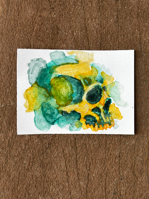 Yellow and Green abstract skull watercolor aceo art card thumbnail 2