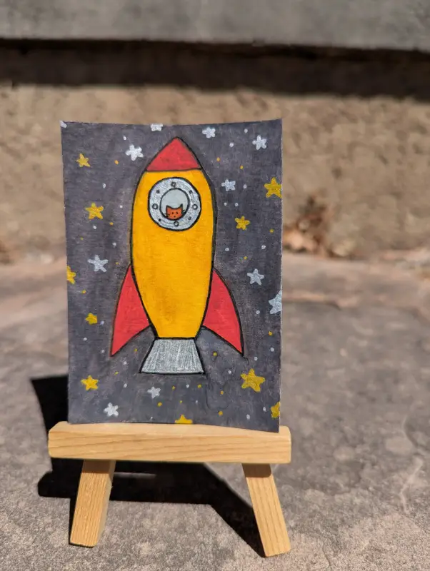 "Spaceship 4" - Watercolor & Gouache Cat Looking out Spaceship Window With Starry Space Sky aceo art card