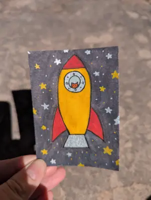 "Spaceship 4" - Watercolor & Gouache Cat Looking out Spaceship Window With Starry Space Sky aceo art card thumbnail 2