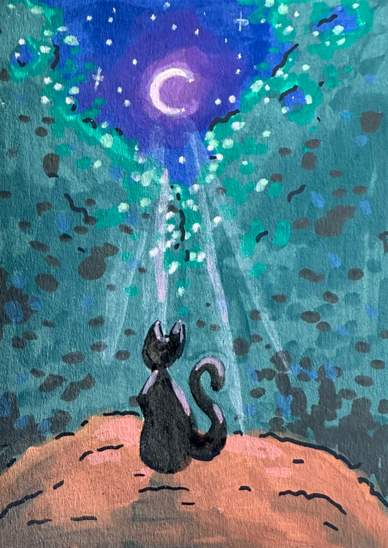 The Cat in the Moonlight aceo art card