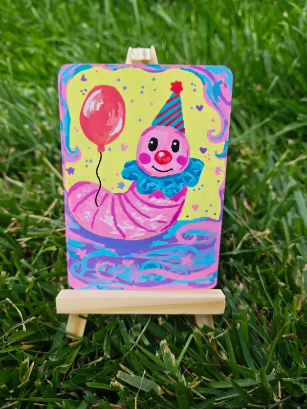 Party Wiggles | Original ACEO Clown Core Art Card | Cute Worm Clown Painting | OOAK aceo art card