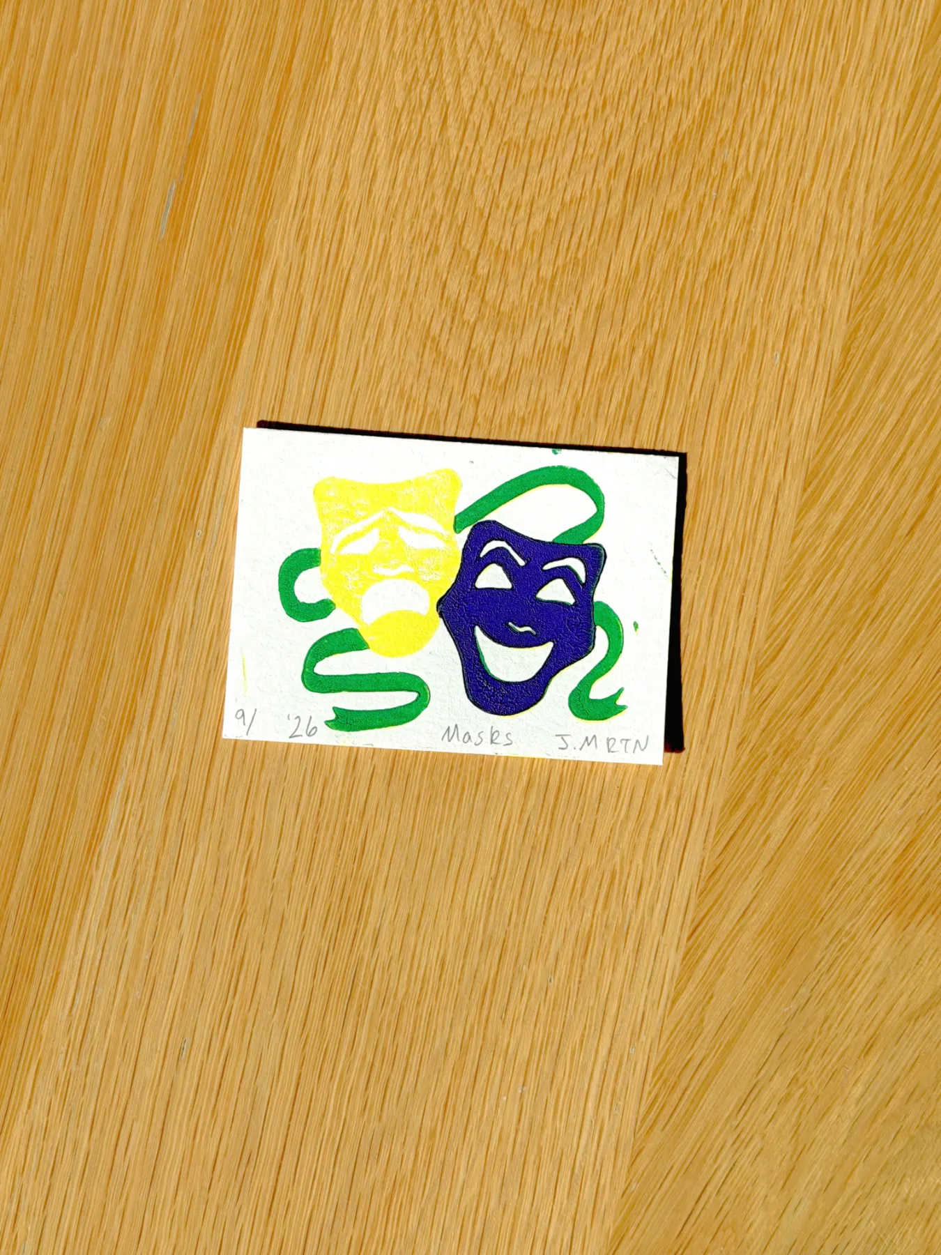 Comedy Tragedy Mardi Gras Theatre Masks New Orleans Hand-carved Lino Print Mini ACEO aceo art card